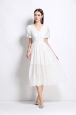 Plunging Neckline Lantern Sleeve Flowy White Maxi Dress - Image 2