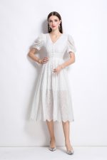 Plunging Neckline Lantern Sleeve Flowy White Maxi Dress - Image 3