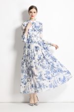 Porcelain Blue Floral Slim Fit Long Sleeve Shirt Dress - Image 3