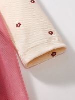 Design Autumn Girls Flowers Pattern Crew Neck Long Sleeves Pink Tulle Patchwork Princess Dress - Image 4