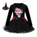 Arrival Girls’ Halloween Costume: Long Sleeves Cartoon Printed Witches Cosplay Party Tulle Patchwork Dress with Hat Set - Image 2