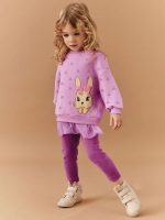 Spring And Autumn Girls Cute Cartoon Rabbit Pattern Long Sleeves Top Dress And Pants Clothing Set - Image 5