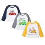 Arrival Kids Boys Cartoon Print Crew Neck Long Sleeves Color Patchwork Top