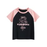Summer Girls’ Flower and Letters Print Color Patchwork T-shirt in European and American Style - Image 5
