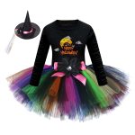 Arrival Girls’ Halloween Costume: Long Sleeves Cartoon Printed Witches Cosplay Party Tulle Patchwork Dress with Hat Set - Image 13