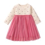 Design Autumn Girls Flowers Pattern Crew Neck Long Sleeves Pink Tulle Patchwork Princess Dress