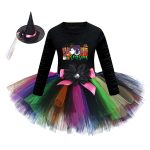 Arrival Girls’ Halloween Costume: Long Sleeves Cartoon Printed Witches Cosplay Party Tulle Patchwork Dress with Hat Set - Image 5