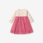 Design Autumn Girls Flowers Pattern Crew Neck Long Sleeves Pink Tulle Patchwork Princess Dress - Image 9