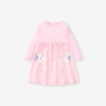 Arrival Autumn Girls Long Sleeves Rainbow And Unicorn Pattern Crew Neck Dress - Image 2