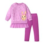 Spring And Autumn Girls Cute Cartoon Rabbit Pattern Long Sleeves Top Dress And Pants Clothing Set