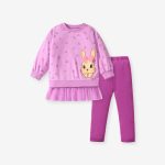 Spring And Autumn Girls Cute Cartoon Rabbit Pattern Long Sleeves Top Dress And Pants Clothing Set - Image 2