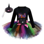 Arrival Girls’ Halloween Costume: Long Sleeves Cartoon Printed Witches Cosplay Party Tulle Patchwork Dress with Hat Set - Image 15