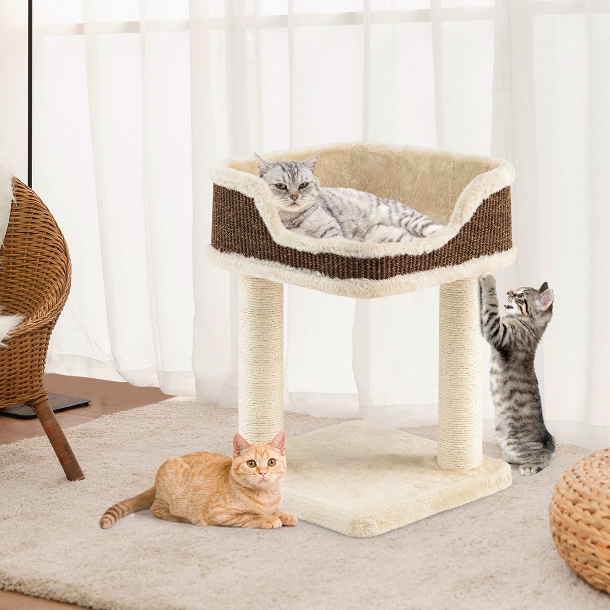NNECW Compact Cat Tree Tower for Scratching Relaxing &amp Sleeping-Beige - Image 1