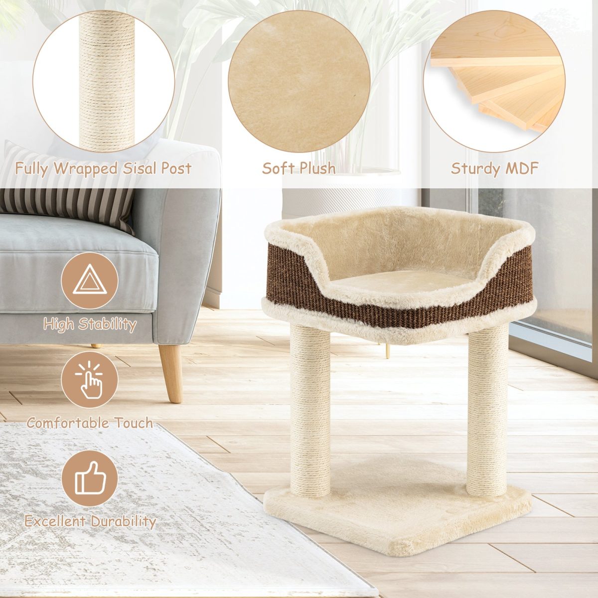 NNECW Compact Cat Tree Tower for Scratching Relaxing &amp Sleeping-Beige - Image 3