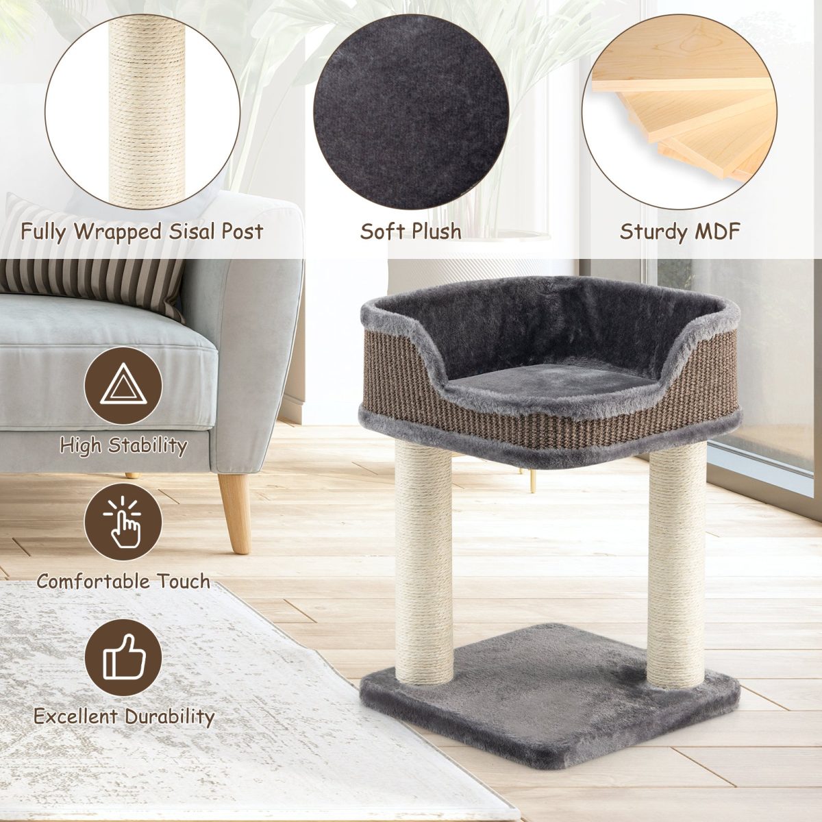 NNECW Compact Cat Tree Tower for Scratching Relaxing &amp Sleeping-Grey - Image 4