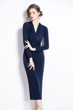V Neck Tie Waist Bodycon Versatile Velvet Dress - Image 2
