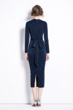 V Neck Tie Waist Bodycon Versatile Velvet Dress - Image 4